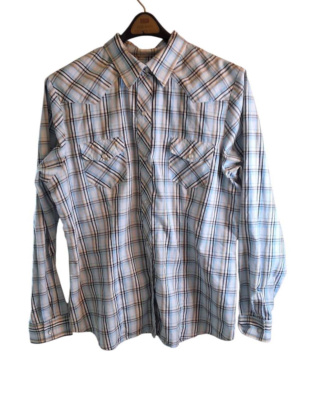 Roper Men's Plaid Button-Down Shirt - Light Blue, White & Brown XL Pearl Snap